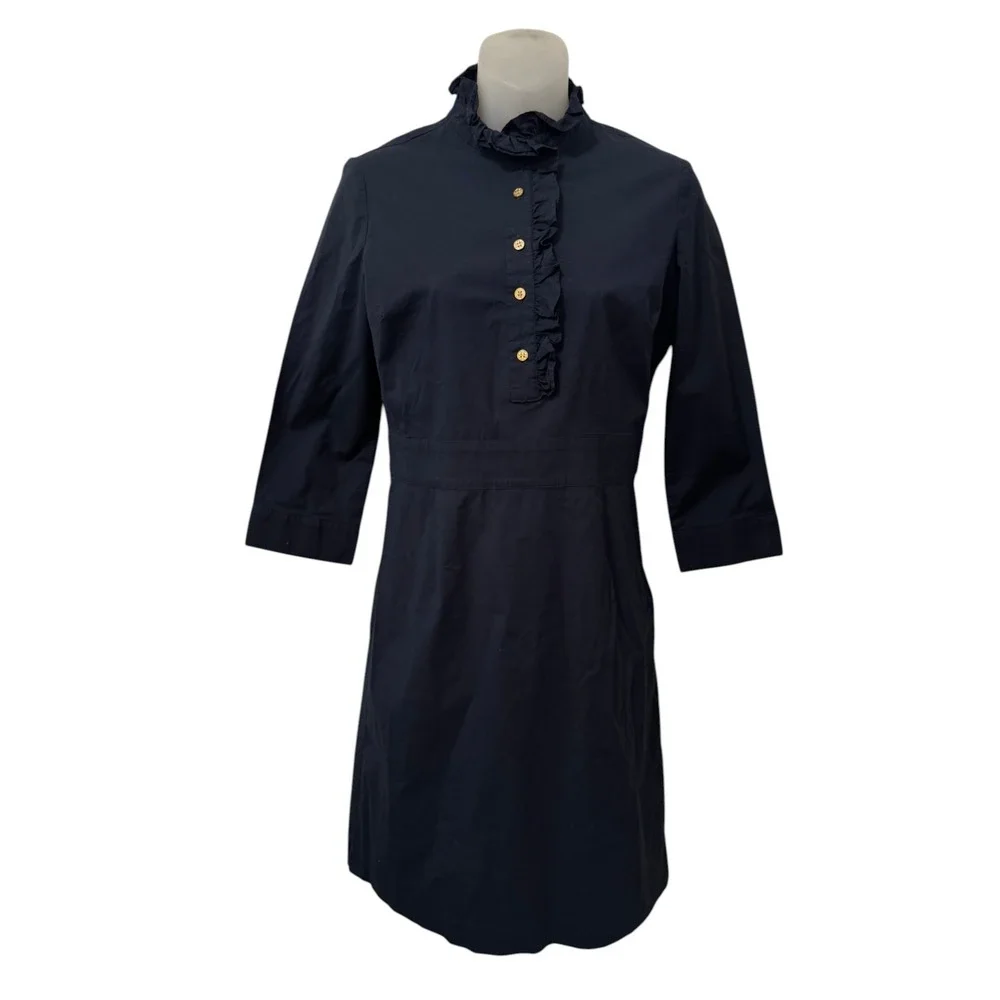 Tory Burch Navy Ruffle Shirt Dress Gold Buttons 3/4 Sleeve‎ Sz 4